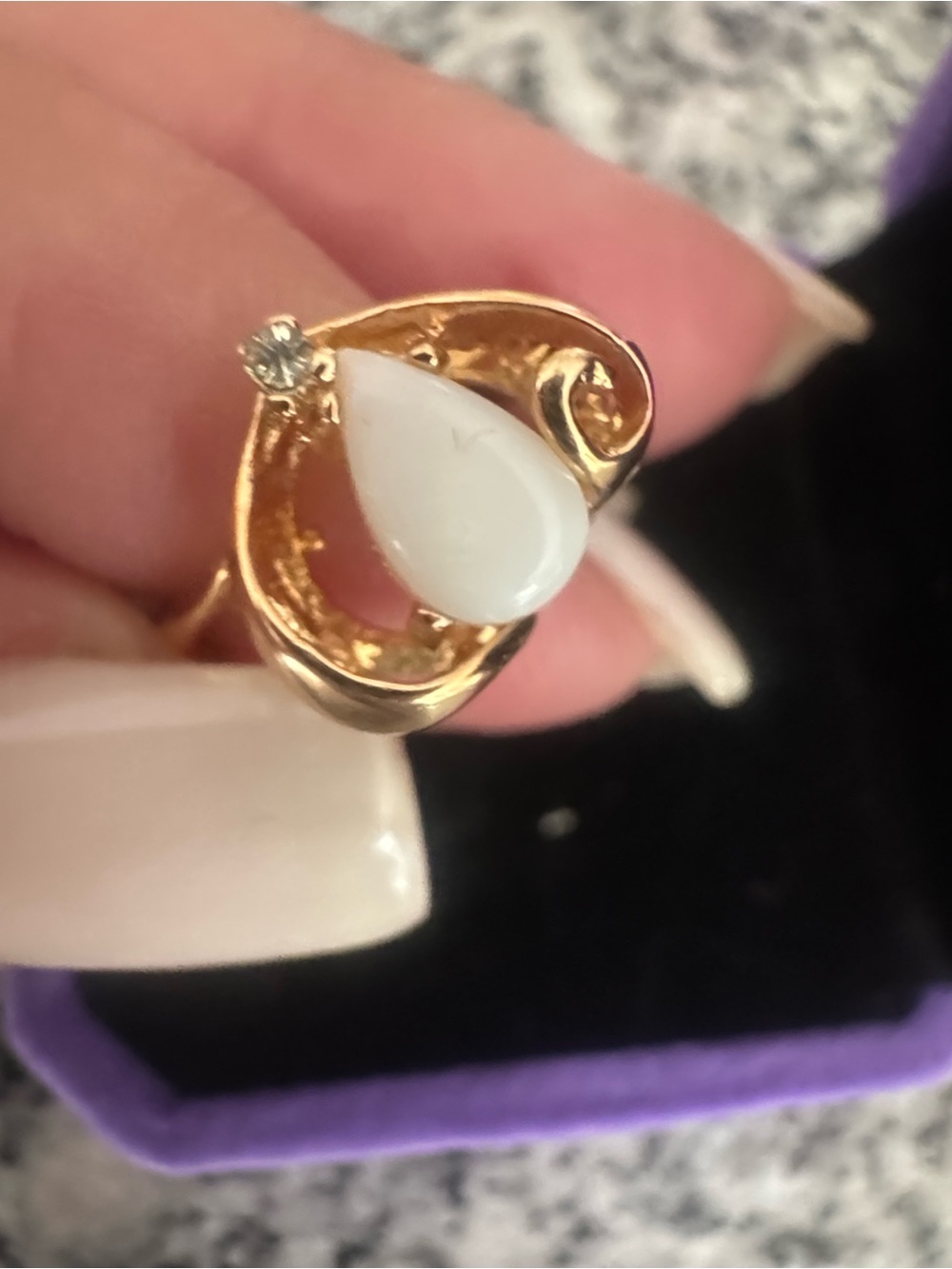 Heavy Electrolyte Plated Teardrop Genuine Opal with Crystal Ring - Size 5 - NWT